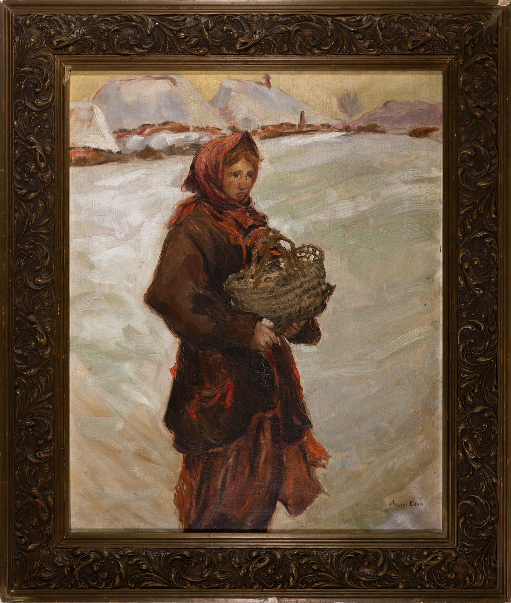 Detail k: Ernö Abonyi, Budapest 1888 - 1941, ungarischer Maler und Grafiker, verschneite Winterlandschaft mit Mädchen im roten Mantel, Öl/Lwd, re. unten ...