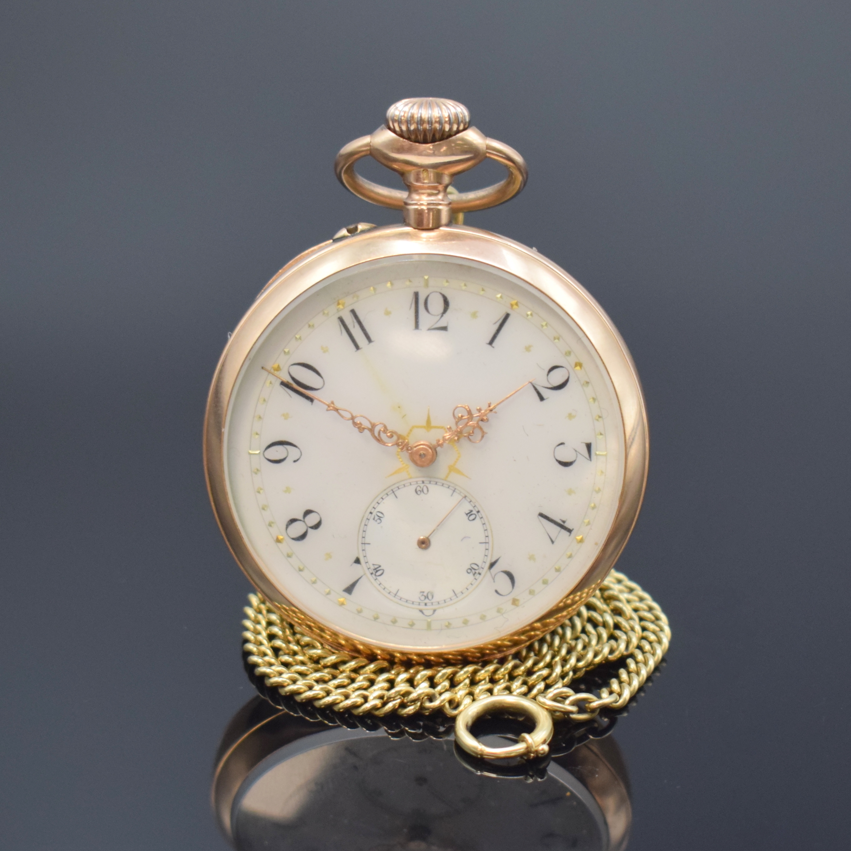 MAX MAYER, successeur de Arthur Jaccard du Gros offene Herrentaschenuhr in RG 585/000 an GG 585/000 Kette, Schweiz um 1915, guill. Geh. l. dell., ...