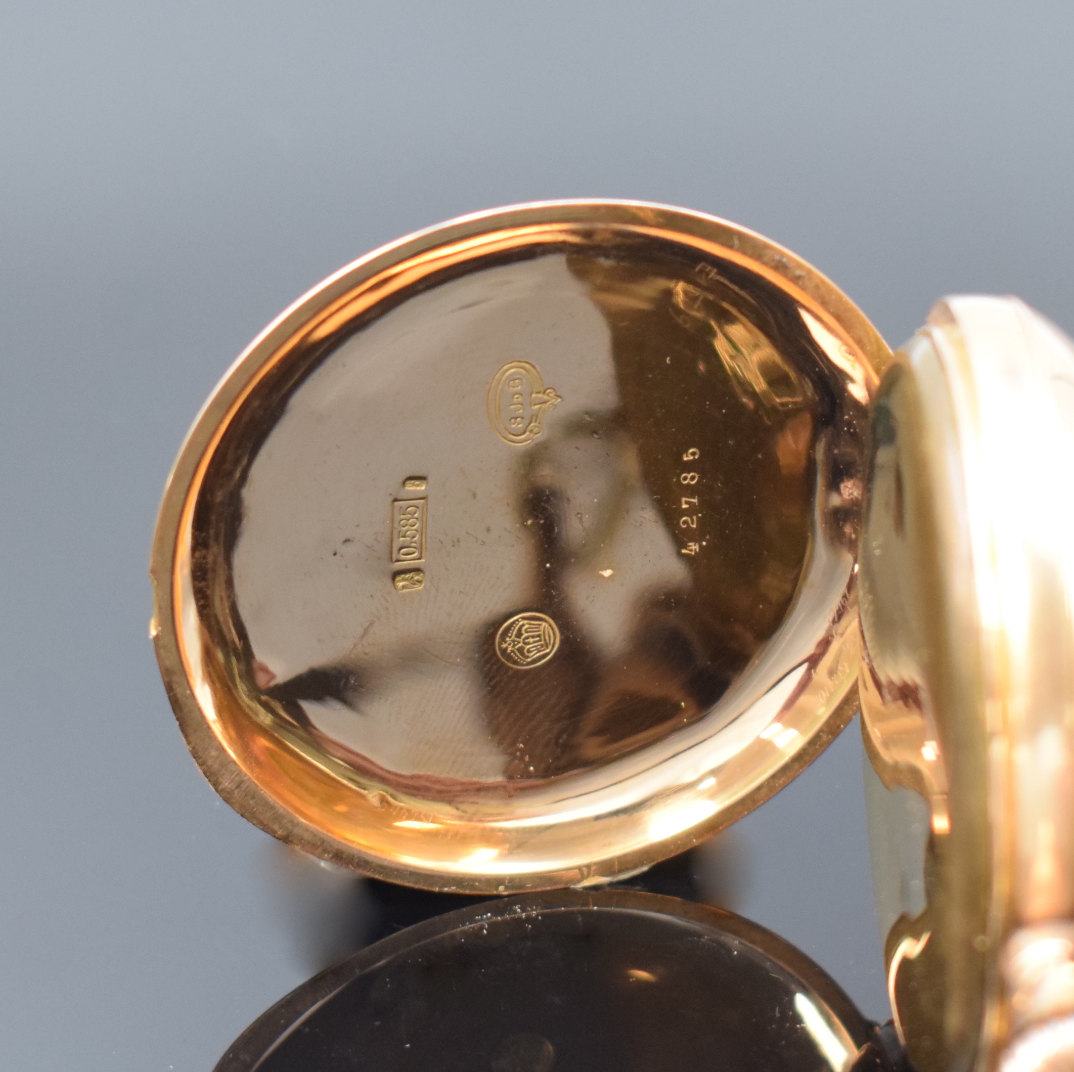 Detail b: MAX MAYER, successeur de Arthur Jaccard du Gros offene Herrentaschenuhr in RG 585/000 an GG 585/000 Kette, Schweiz um 1915, guill. Geh. l. dell., ...