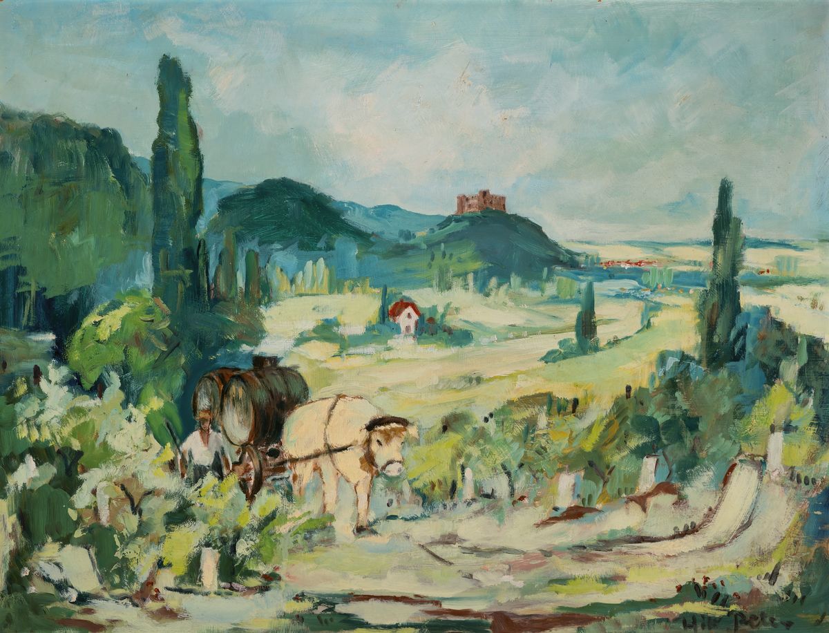 Detail a: Hans Rolf Peter, 1926 - 2020 Neustadt, zwei Ölgemälde, Ochsenkarren in pfälzer Kulturlandschaft, Öl/Platte, alle signiert, 1x u.Glas mit R.ca. ...