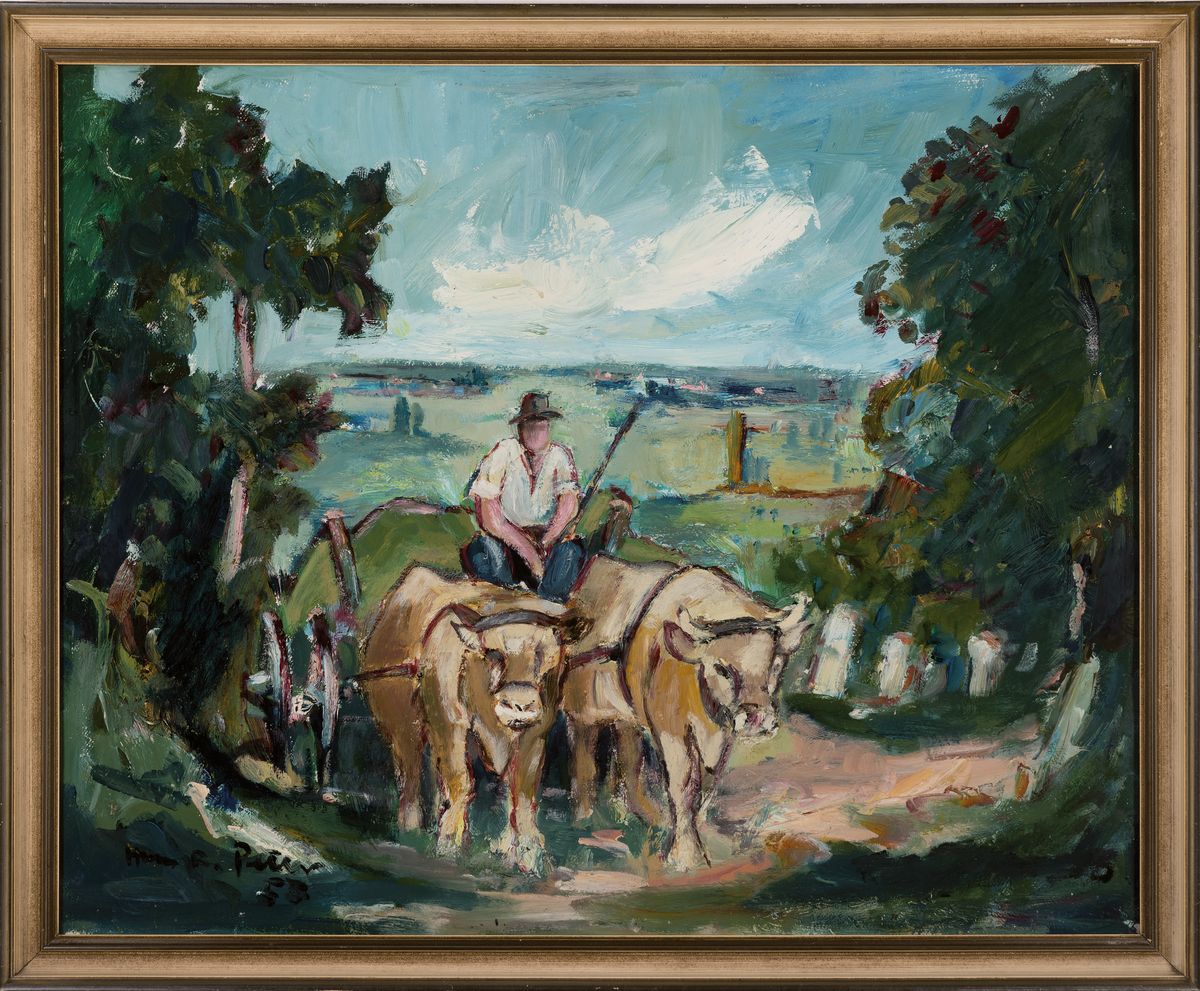 Detail k: Hans Rolf Peter, 1926 - 2020 Neustadt, zwei Ölgemälde, Ochsenkarren in pfälzer Kulturlandschaft, Öl/Platte, alle signiert, 1x u.Glas mit R.ca. ...