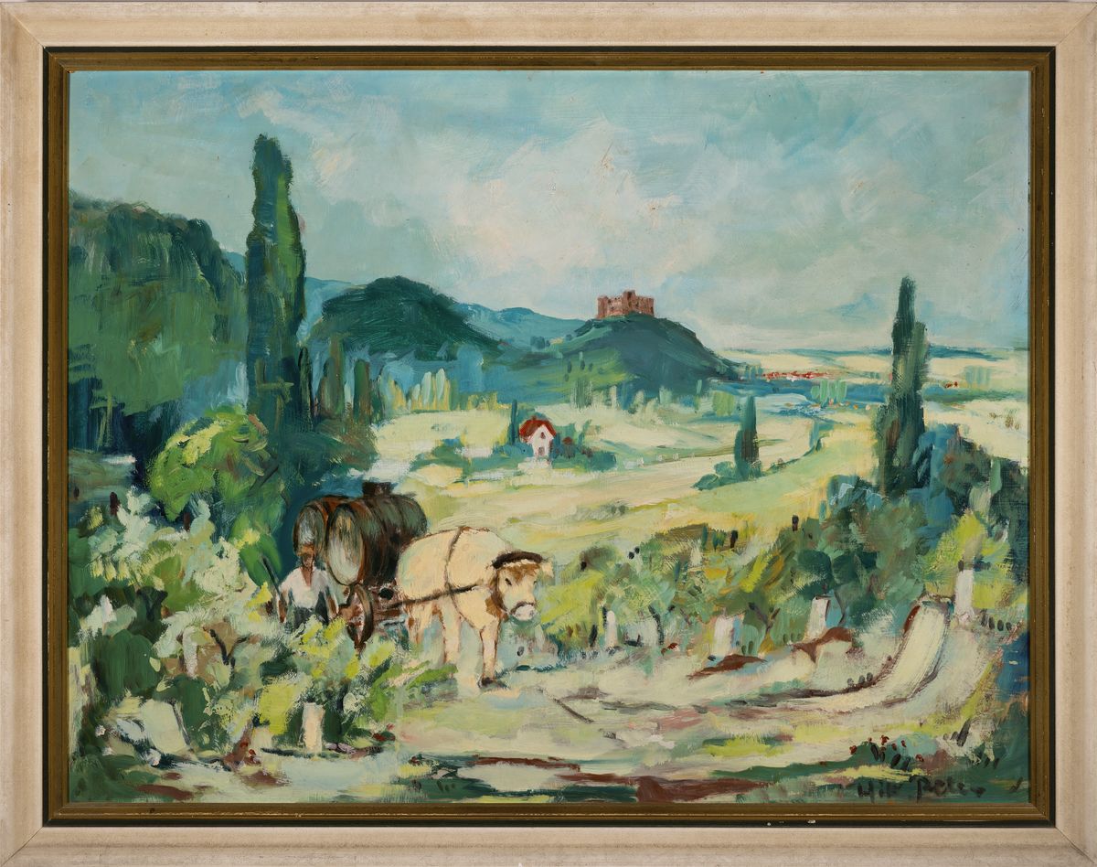 Detail l: Hans Rolf Peter, 1926 - 2020 Neustadt, zwei Ölgemälde, Ochsenkarren in pfälzer Kulturlandschaft, Öl/Platte, alle signiert, 1x u.Glas mit R.ca. ...