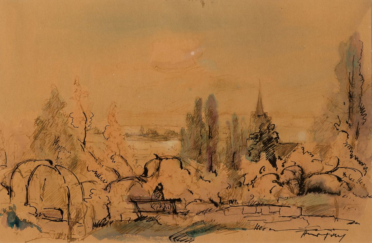 Detail b: Hanns Fay, 1888 Frankenthal - 1957 Neustadt/Wstr., drei Werke: a. Aquarell, pflügende Bauern in der Pfalz, Blick auf die Haardt, signiert, ca. 34.5 ...