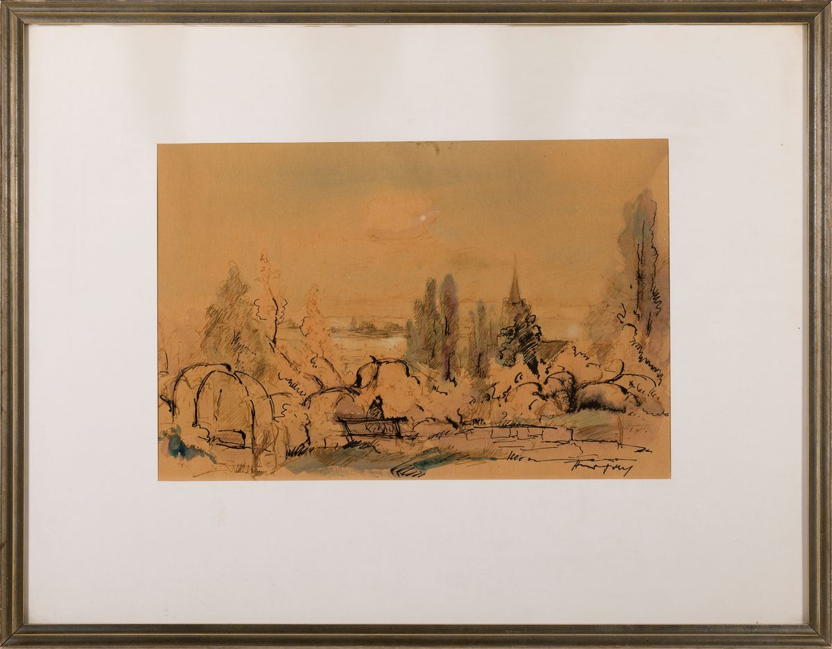 Detail m: Hanns Fay, 1888 Frankenthal - 1957 Neustadt/Wstr., drei Werke: a. Aquarell, pflügende Bauern in der Pfalz, Blick auf die Haardt, signiert, ca. 34.5 ...