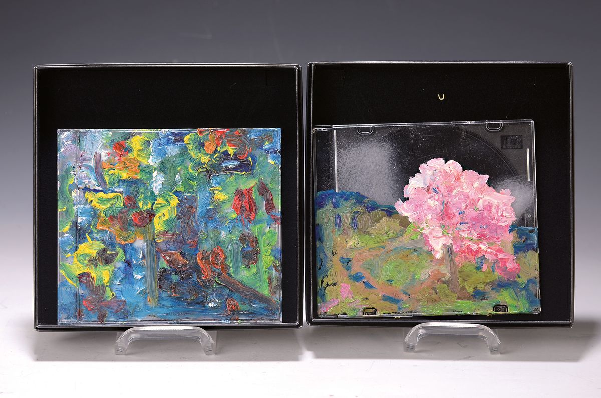 Heide Fahlbusch, 1939-2019, Öl-Studie auf CD-Hülle, blühender Kirschbaum, pastoser Farbauftrag, innen signiert und datiert 2007, 12,5x14 cm, in ...