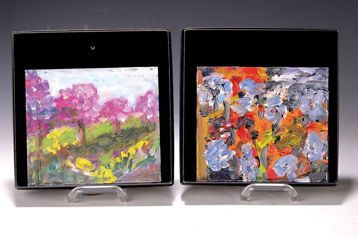 Heide Fahlbusch, 1939-2019, Öl-Studie auf CD-Hülle, Blumenstilleben, pastoser Farbauftrag, 12,5x14 cm, in qualitätvoller Deckelschatulle, ...