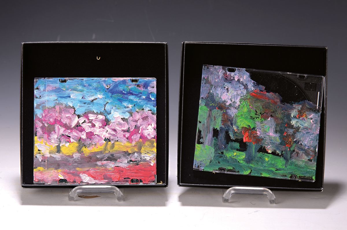 Heide Fahlbusch, 1939-2019,Öl-Studie auf CD -Hülle, Frühlingslandschaft, pastoser Farbauftrag, innen signiert und datiert 2007, 12,5x14 cm, in ...