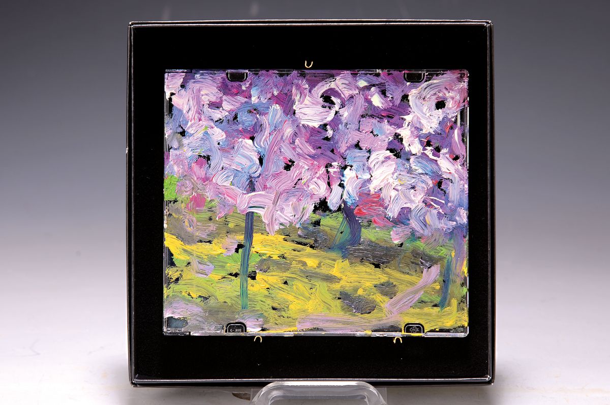 Heide Fahlbusch, 1939-2019, Öl-Studie auf CD-Hülle, Hain blühender Mandelbäume, pastoser Farbauftrag, innen signiert und datiert 2007, 12,5x14 ...