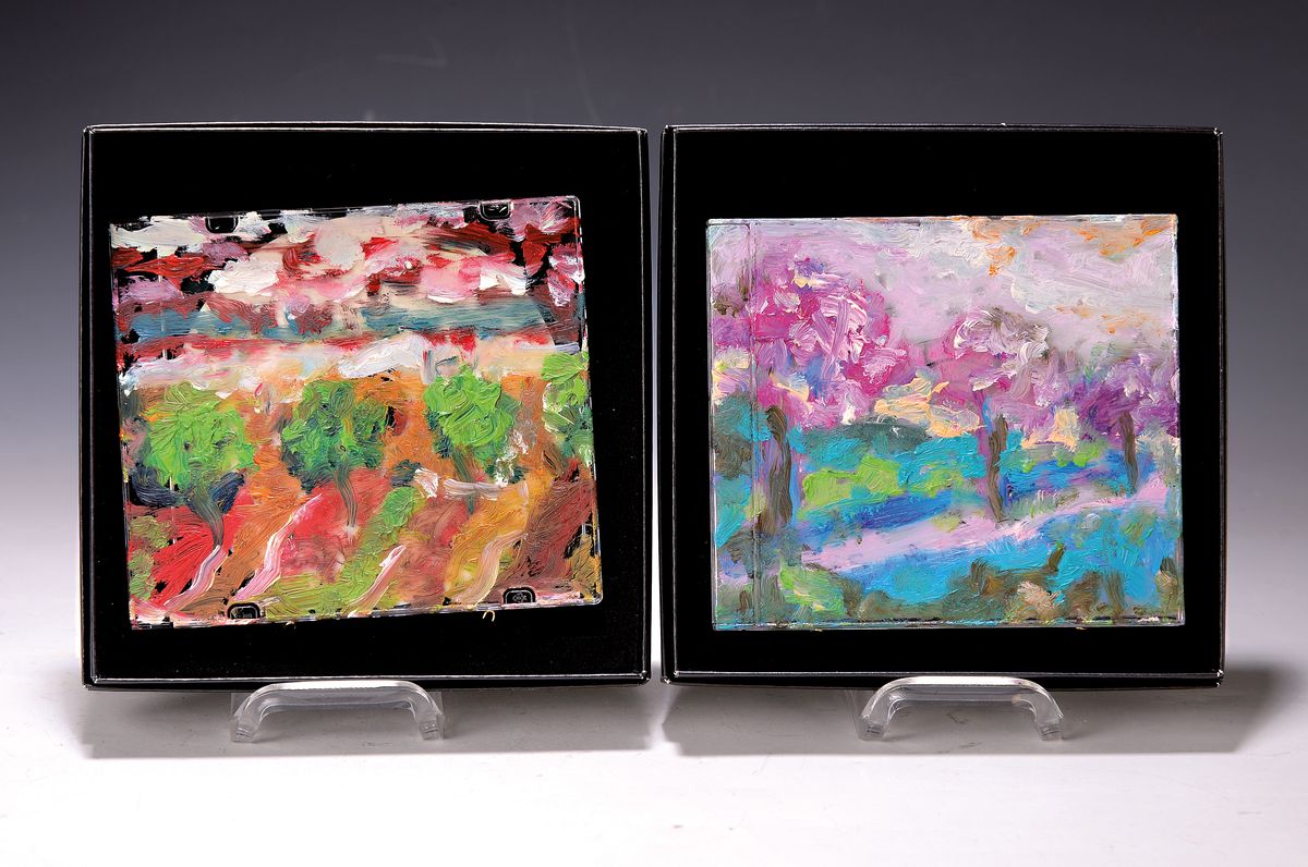 Heide Fahlbusch, 1939-2019, öl-Studie auf CD-Hülle,stimmungsvolle pfälzer Kultur -Landschaft pastoser Farbauftrag, innen signiert und datiert ...