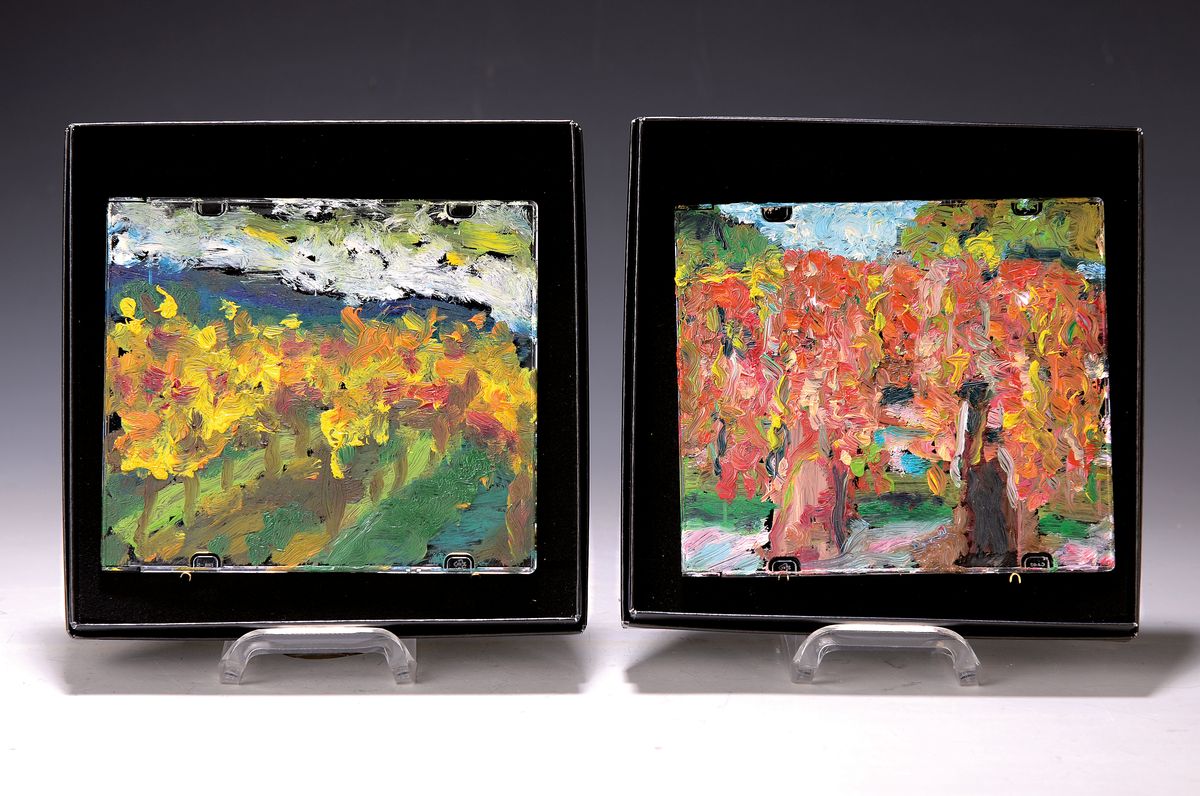 Heide Fahlbusch, 1939-2019, öl-Studie auf CD-Hülle, herbstliche Weinreben, pastoser Farbauftrag, innen signiert und datiert 2007, 12,5x14 cm, in ...