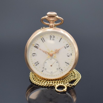 Image 26634609 - MAX MAYER, successeur de Arthur Jaccard du Gros open face 14k pink gold pocket watch with 14k yellow gold chain, Switzerland around 1915, engine-turned case slightly dent, gold- plated cuvette with owners engraving, enamel dial with Arabic hours and gold dots hairlines, frosted gilt bar construction lever movement, compensation-balance with Breguet balance-spring, diameter approx. 49 mm, length approx. 42 cm, time identical box, condition 2-3, total weight approx. 110g, thereof chain approx. 18g