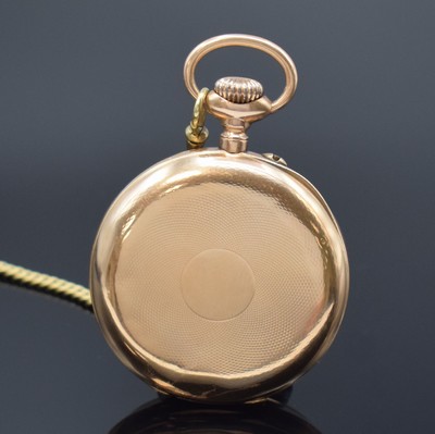 26634609a - MAX MAYER, successeur de Arthur Jaccard du Gros open face 14k pink gold pocket watch with 14k yellow gold chain, Switzerland around 1915, engine-turned case slightly dent, gold- plated cuvette with owners engraving, enamel dial with Arabic hours and gold dots hairlines, frosted gilt bar construction lever movement, compensation-balance with Breguet balance-spring, diameter approx. 49 mm, length approx. 42 cm, time identical box, condition 2-3, total weight approx. 110g, thereof chain approx. 18g