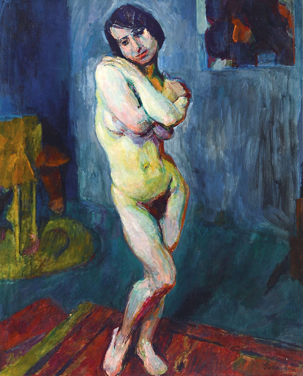 Hans Purrmann, 1880 Speyer - München 1966, stehender Frauenakt, Öl/Lwd, signiert, aus 1914, früher expressiver Akt mit verschränktenArmen, ...