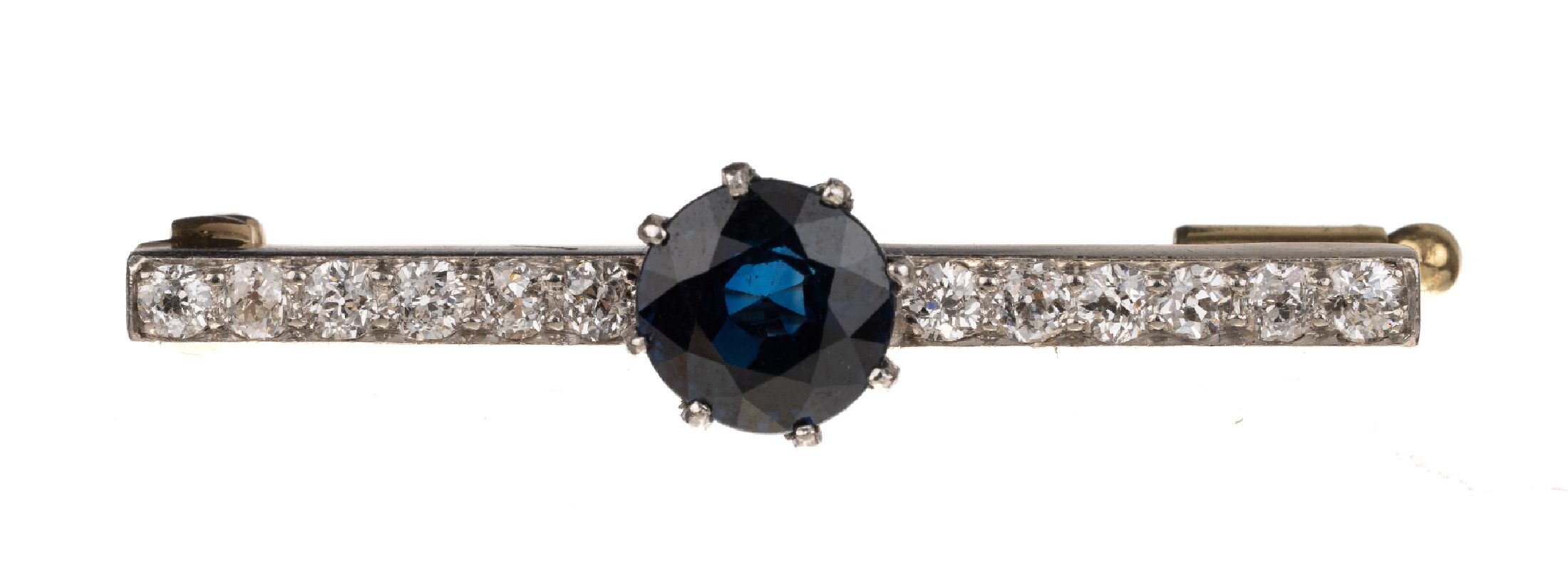 14 kt Gold Saphir-Diamant-Stabbrosche, RG 585/000 und Platin, um 1890, rundfacett. Saphir ca. 1.20 ct, 12 Altschliff-Diamanten zus. ca. 0.50 ct ...
