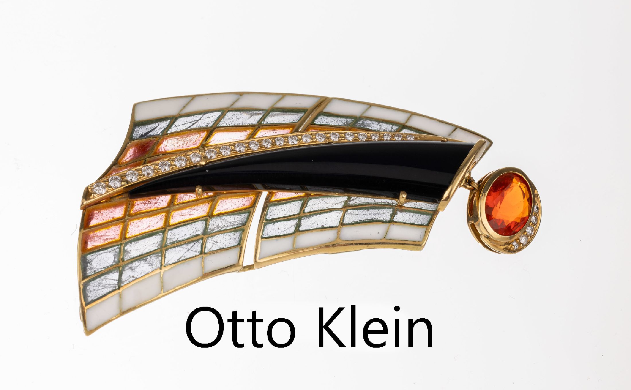 18 kt Gold OTTO KLEIN Farbstein-Brillant- Anhänger/Brosche mit Email, GG 750/000, gitterförmig mit buntem Fensteremail, z.T. weiß emaill., ...