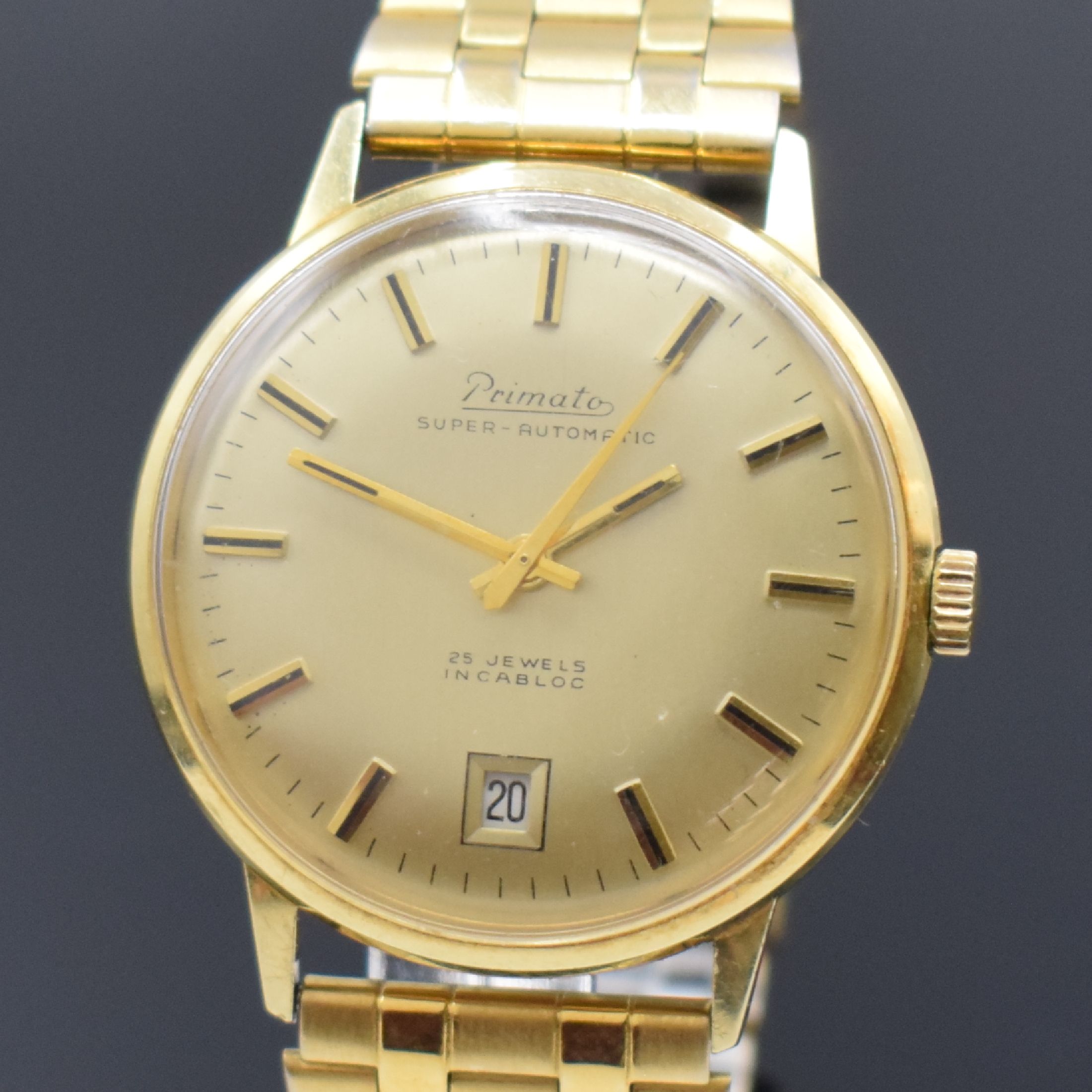 Detail a: PRIMATO Armbanduhr in GG 585/000, Automatik, Deutschland um 1965, Boden aufgedr., verg. Gliederband, Zentralsek., Datum, 25 St., Zentralrotor, Kal. ...