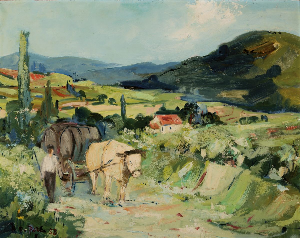 Hans Rolf Peter, 1926-2020 Neustadt, zwei Ölgemälde, jeweils ein Ochsenkarren in pfälzer Kulturlandschaft, Öl auf Platte, sign., 1x ca. 69.5x90 ...