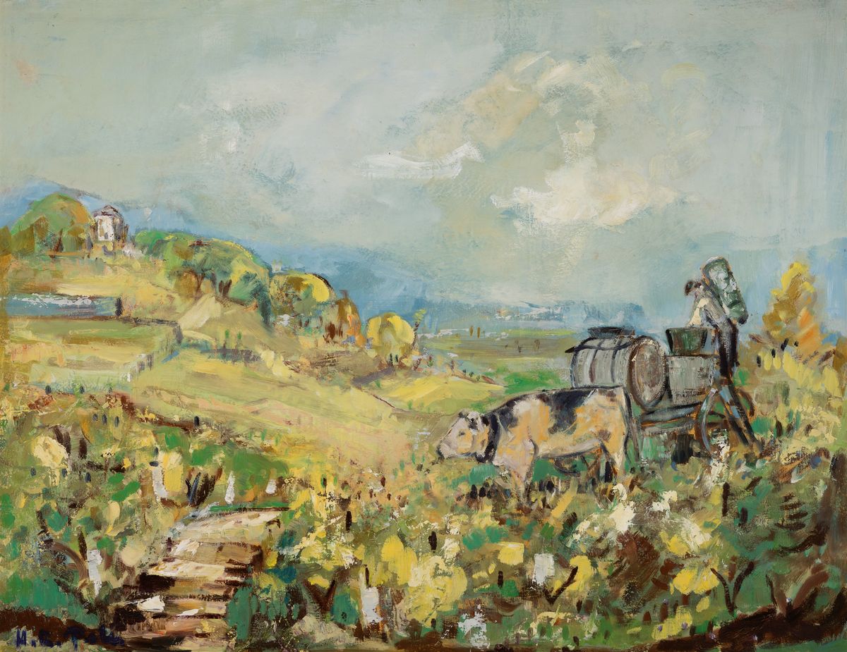 Detail a: Hans Rolf Peter, 1926-2020 Neustadt, zwei Ölgemälde, jeweils ein Ochsenkarren in pfälzer Kulturlandschaft, Öl auf Platte, sign., 1x ca. 69.5x90 ...