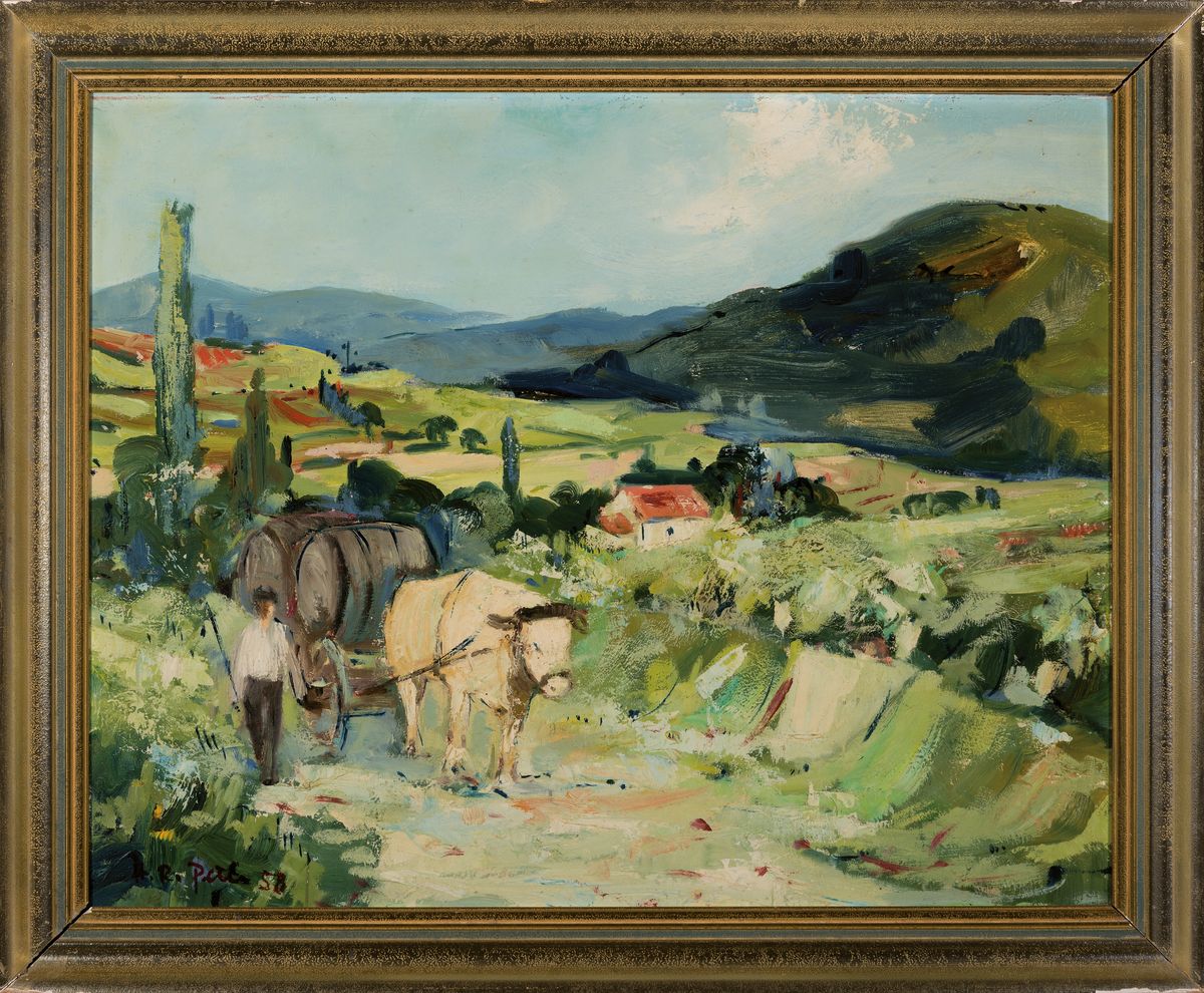 Detail k: Hans Rolf Peter, 1926-2020 Neustadt, zwei Ölgemälde, jeweils ein Ochsenkarren in pfälzer Kulturlandschaft, Öl auf Platte, sign., 1x ca. 69.5x90 ...