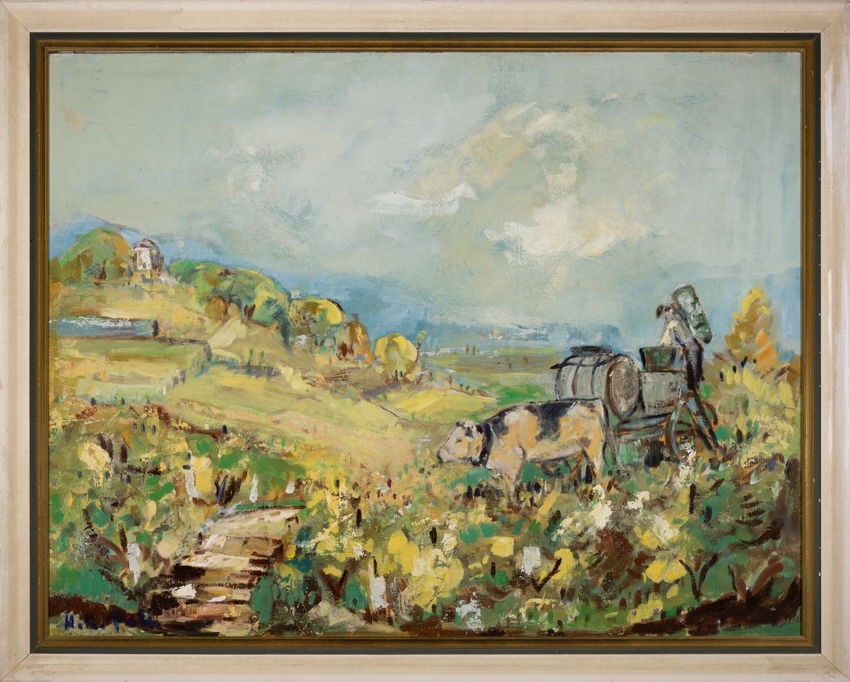 Detail l: Hans Rolf Peter, 1926-2020 Neustadt, zwei Ölgemälde, jeweils ein Ochsenkarren in pfälzer Kulturlandschaft, Öl auf Platte, sign., 1x ca. 69.5x90 ...