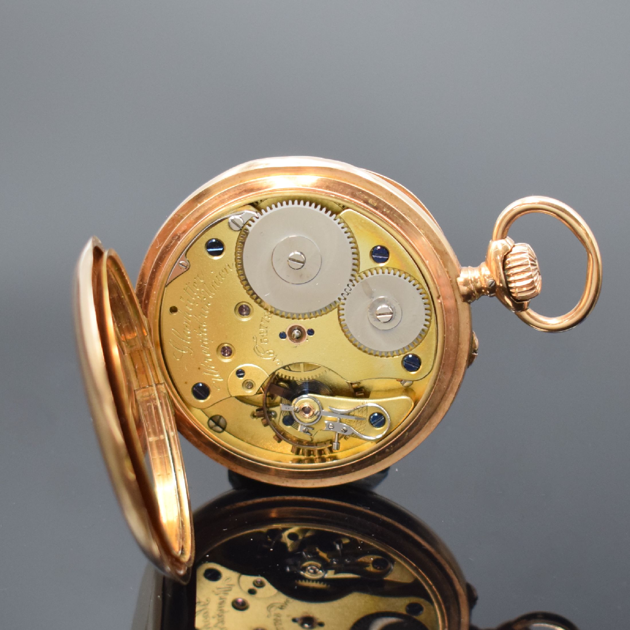 Detail e: UHRENFABRIK UNION GLASHÜTTE in Sachsen offene Herrentaschenuhr in RG 585/000, Deutschland um 1910, Werk- und Geh.-Nr. 54778, 2-teil. sign. ...