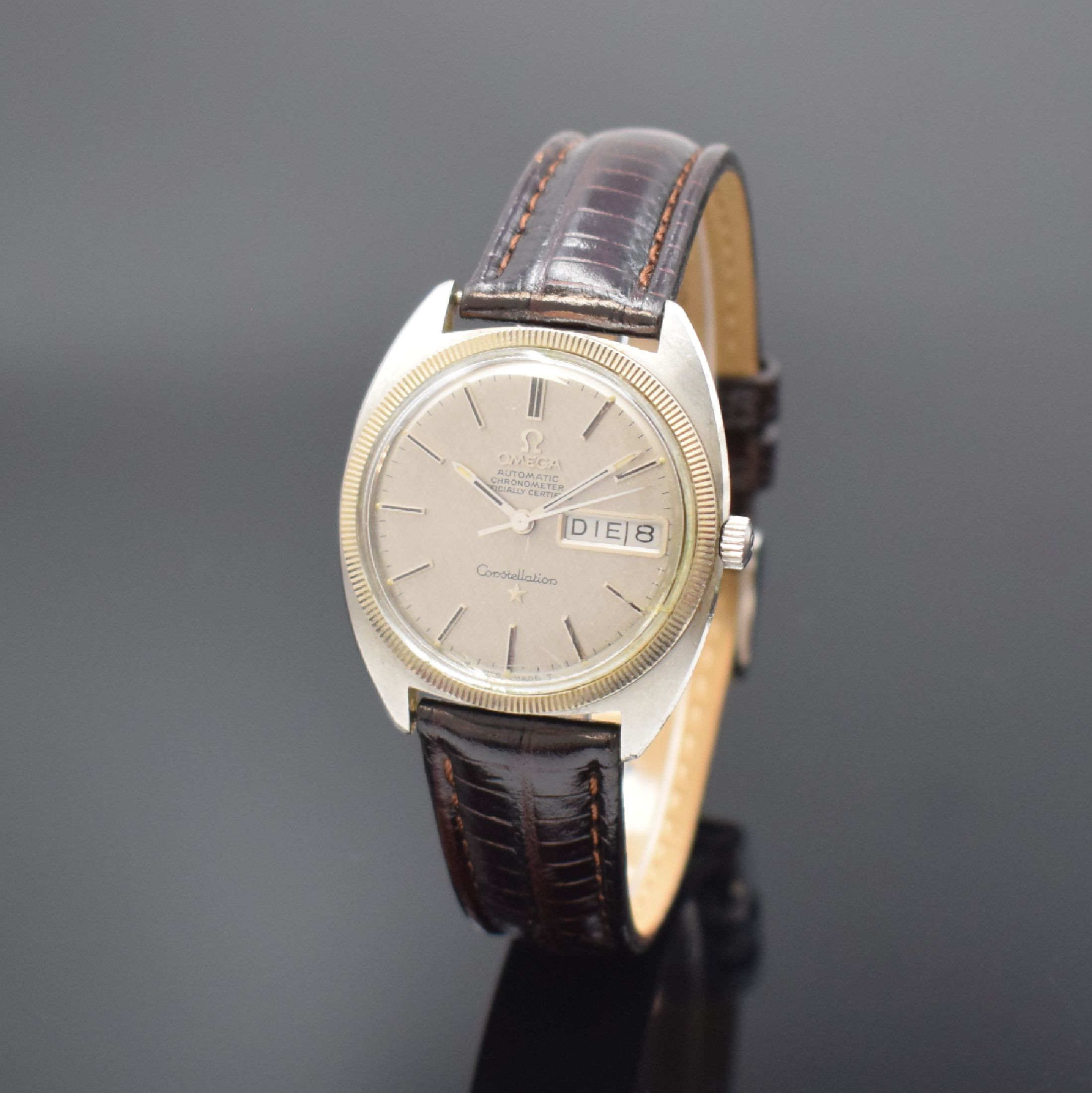 OMEGA Herrenarmbanduhr Constellation Chronometer Referenz 168.029, Automatik, Schweiz um 1961, Edelstahlgeh., Boden m. Darst. Sternwarte und ...