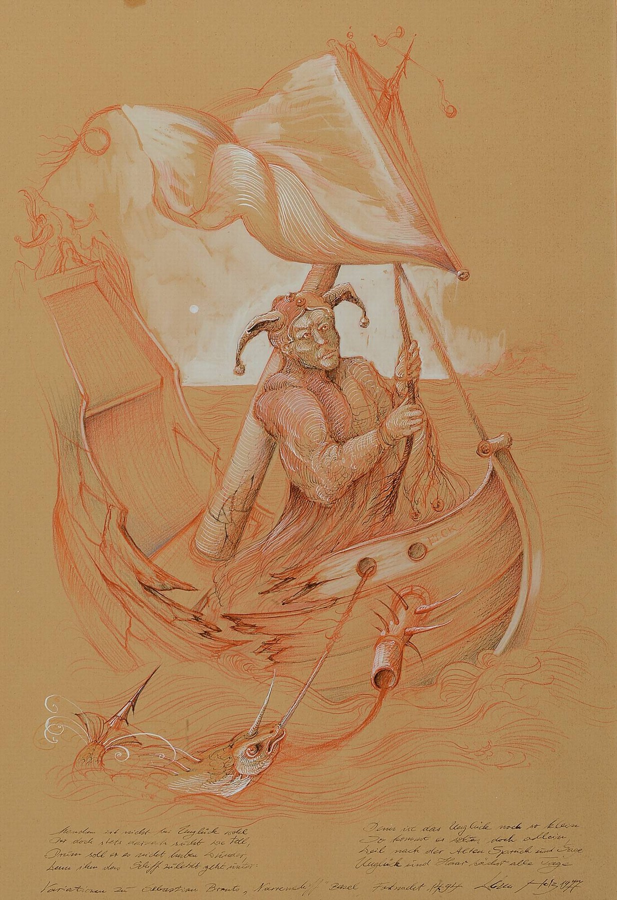 Werner Holz, 1949-1991, zwei Pastell- bzw. Rötelzeichnungen aus dem Zyklus Narrentreiben, beide handsign., und dat. 72, je ca. 66x50 cm