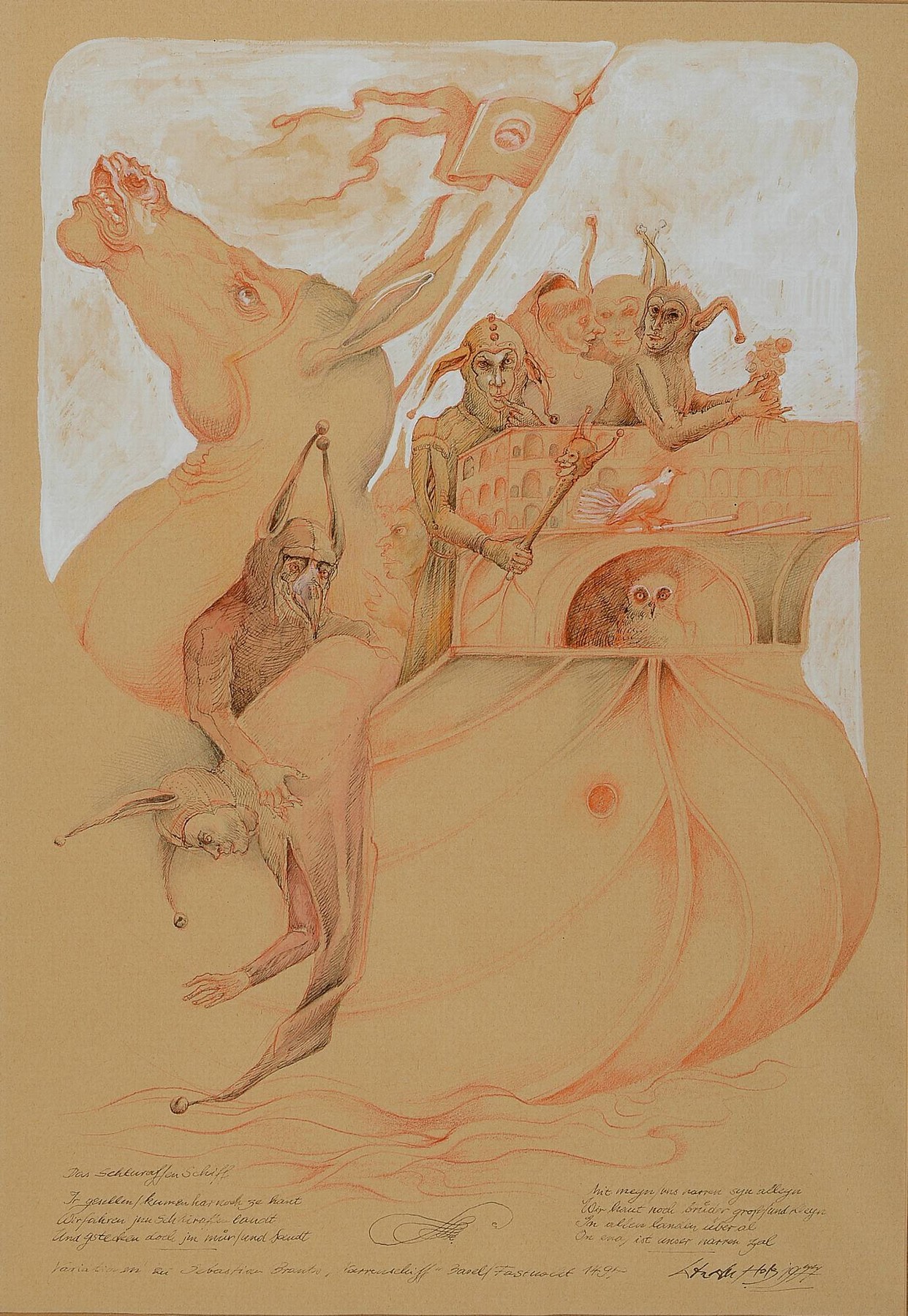 Detail a: Werner Holz, 1949-1991, zwei Pastell- bzw. Rötelzeichnungen aus dem Zyklus Narrentreiben, beide handsign., und dat. 72, je ca. 66x50 cm