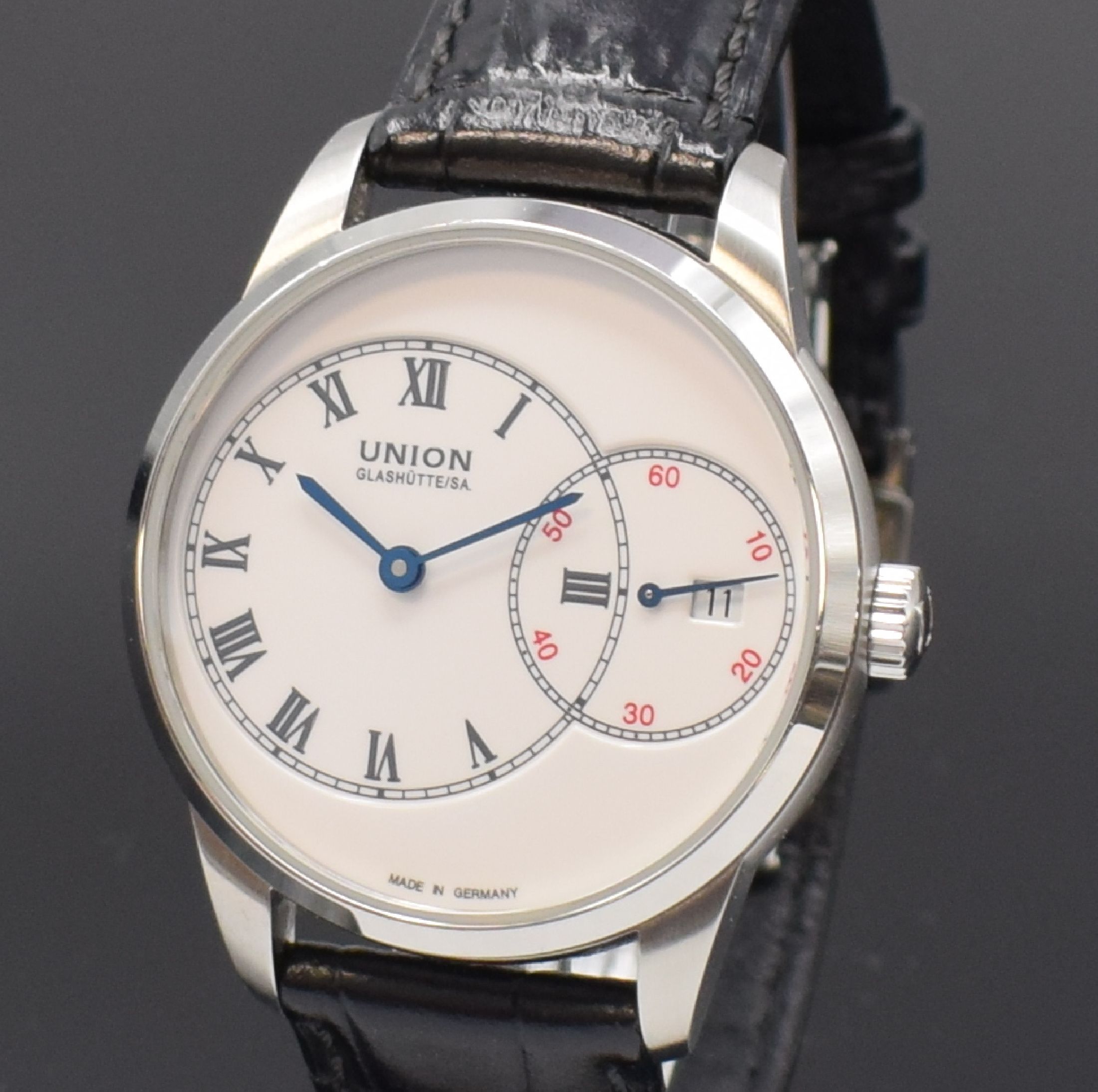 Detail c: UNION GLASHÜTTE/SA. 1893 große Sekunde Herrenarmbanduhr mit ausgefallener Anzeige Referenz D007.444A, Deutschland um 2018, Automatik, beids. vergl. ...