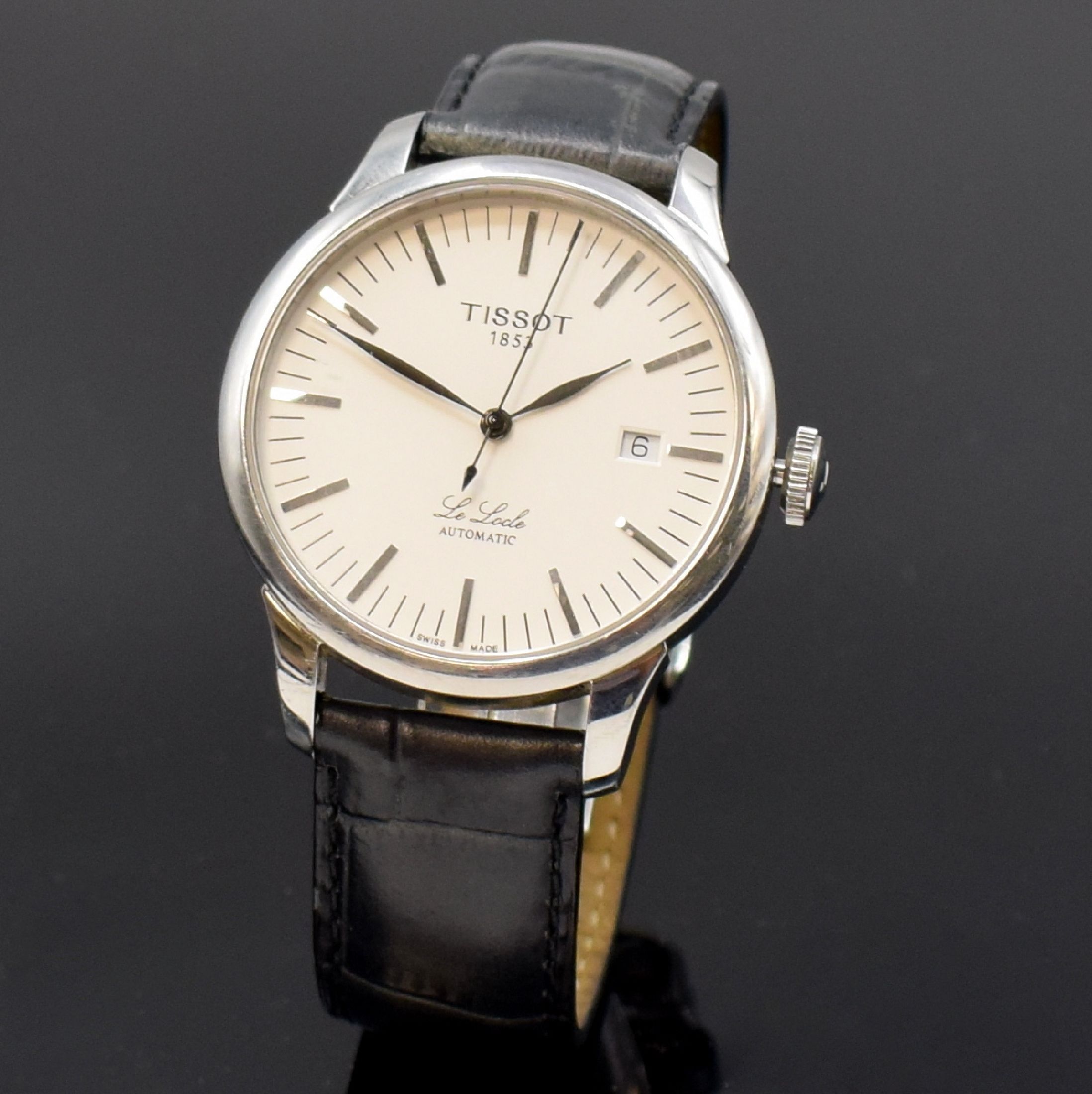 Detail b: TISSOT Le Locle Herrenarmbanduhr, Schweiz um 2006, Automatik, beids. vergl. Edelstahlgeh.,Boden und Glasrand aufgedr., Lederbd. def. / zu ers., orig. ...