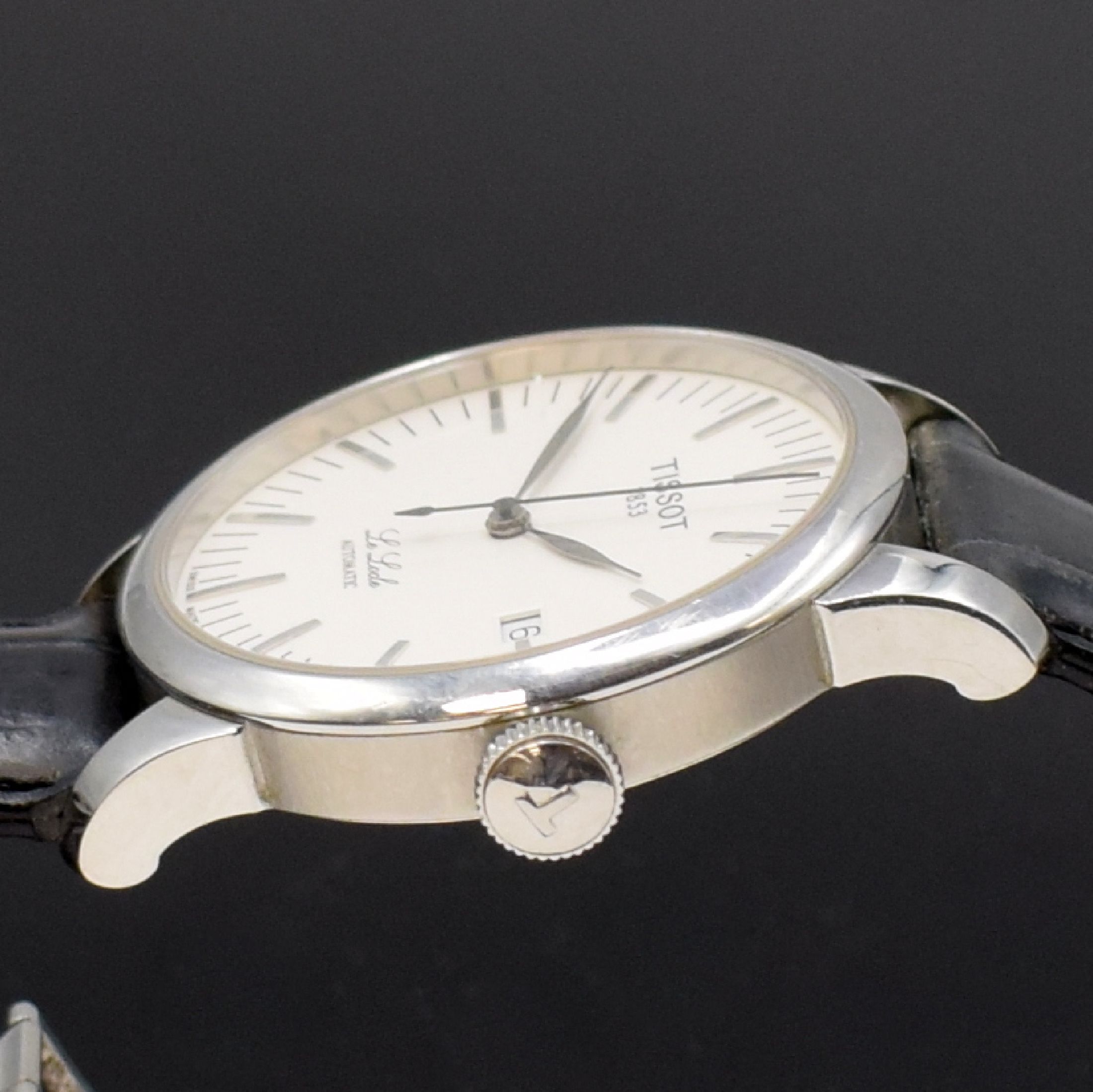 Detail e: TISSOT Le Locle Herrenarmbanduhr, Schweiz um 2006, Automatik, beids. vergl. Edelstahlgeh.,Boden und Glasrand aufgedr., Lederbd. def. / zu ers., orig. ...
