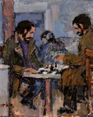 26635702b - Marko Stupa, 1936 Vodenica - 2021 Paris, two paintings, a. playing chess, b. in the Cafe ?,each oil/paper, both hand-signed, PP.: 48 x 38cm and 43 x 33 cm, both under glass frames, signs of age