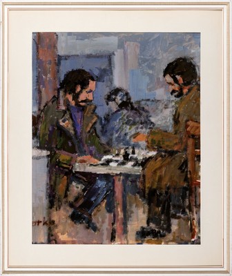 26635702m - Marko Stupa, 1936 Vodenica - 2021 Paris, two paintings, a. playing chess, b. in the Cafe ?,each oil/paper, both hand-signed, PP.: 48 x 38cm and 43 x 33 cm, both under glass frames, signs of age