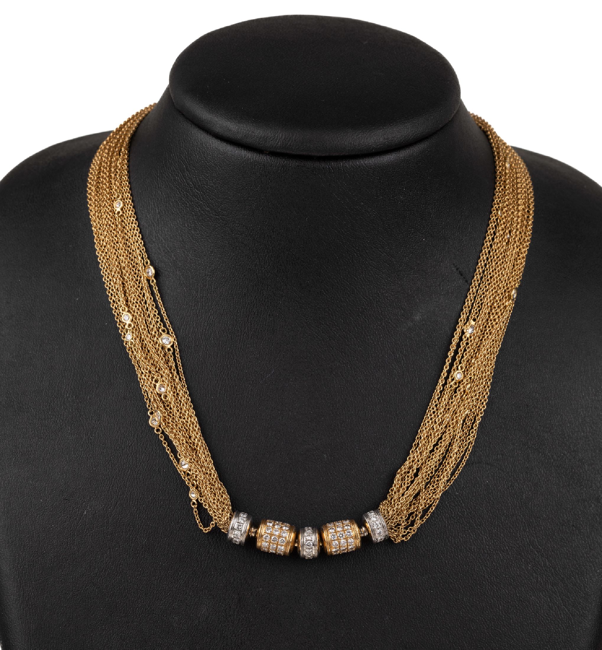 20-reihiges 18 kt Gold Brillant-Collier, GG/WG 750/000, ausgefallenes Design, aufwändige Handarbeit, Schließe mit Brillantenund in Kettenstränge ...