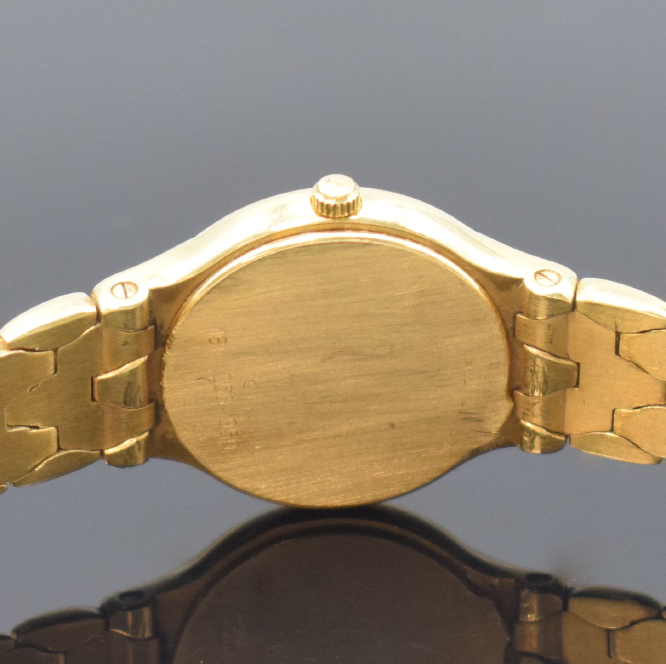 Detail d: BUCHERER Damenarmbanduhr in GG 750/000, Schweiz um 1990, quarz, 2-teil. Gehäuse, Boden aufgedr., Lünette aufw. m. Diamanten bes., Gliederbd. in GG ...