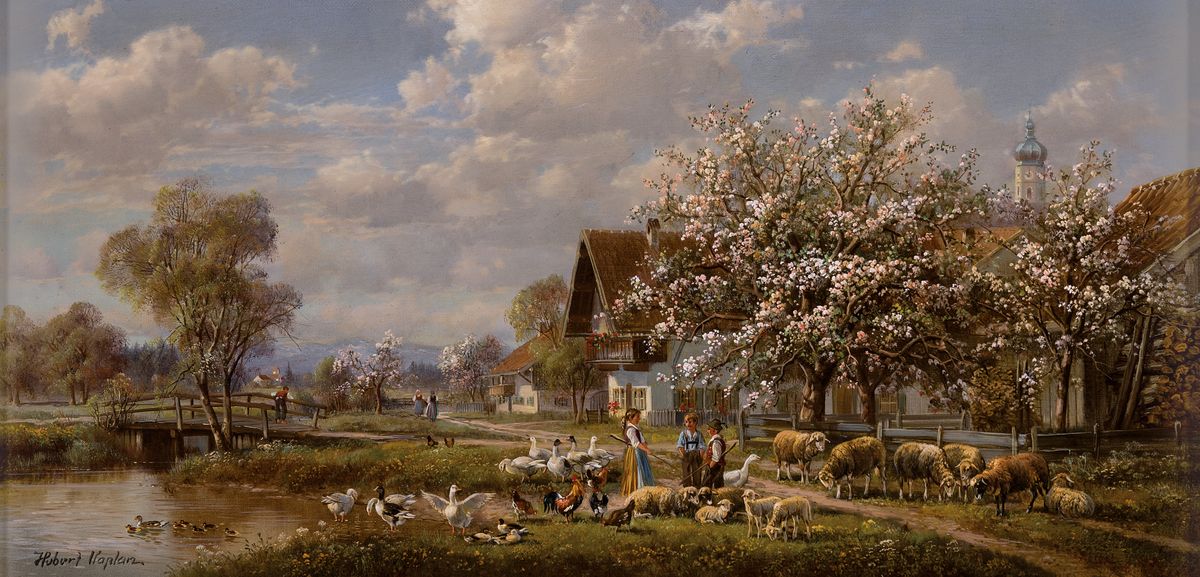 Hubert Kaplan, geb. 1940, weitläufige süddeutsche Landschaft stimmungsvolle und detailreiche Darstellung von drei Kindern beim Hüten von Schafen, ...