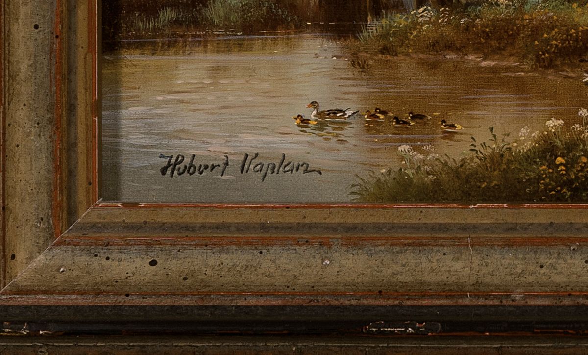 Detail a: Hubert Kaplan, geb. 1940, weitläufige süddeutsche Landschaft stimmungsvolle und detailreiche Darstellung von drei Kindern beim Hüten von Schafen, ...