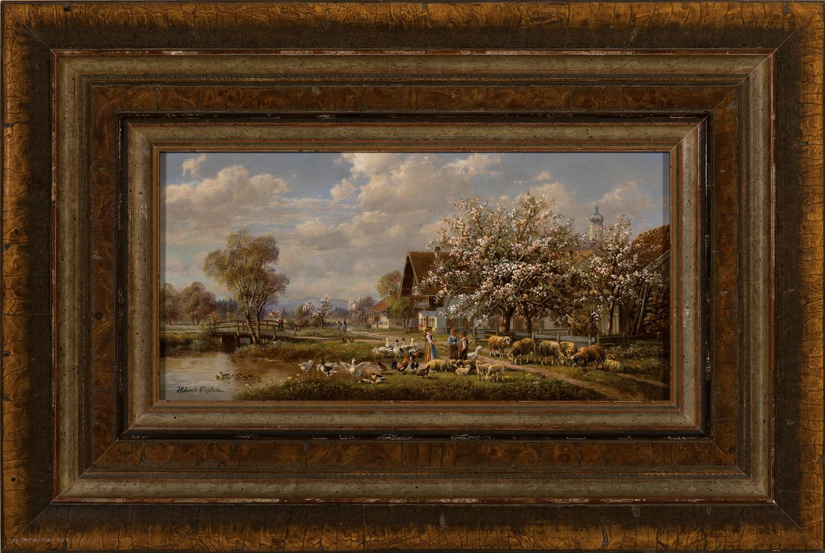 Detail k: Hubert Kaplan, geb. 1940, weitläufige süddeutsche Landschaft stimmungsvolle und detailreiche Darstellung von drei Kindern beim Hüten von Schafen, ...
