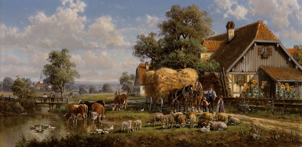 Hubert Kaplan, geb. 1940, süddeutsche Landschaft, stimmungsvolle und detailreiche Darstellung eines zweispännigen Heuwagens, derBauer im Gespräch ...