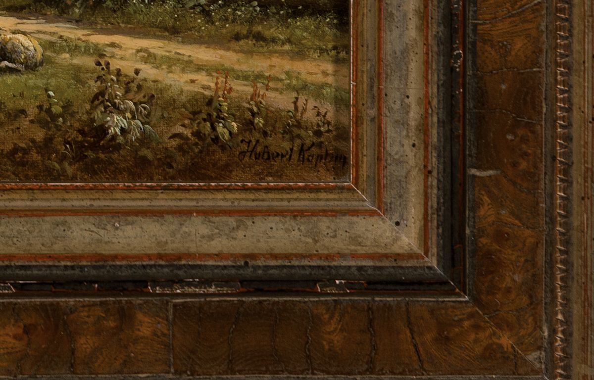 Detail a: Hubert Kaplan, geb. 1940, süddeutsche Landschaft, stimmungsvolle und detailreiche Darstellung eines zweispännigen Heuwagens, derBauer im Gespräch ...