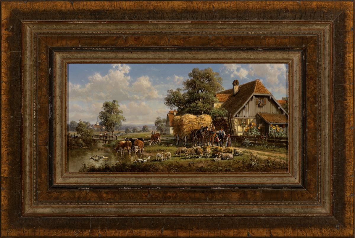 Detail k: Hubert Kaplan, geb. 1940, süddeutsche Landschaft, stimmungsvolle und detailreiche Darstellung eines zweispännigen Heuwagens, derBauer im Gespräch ...