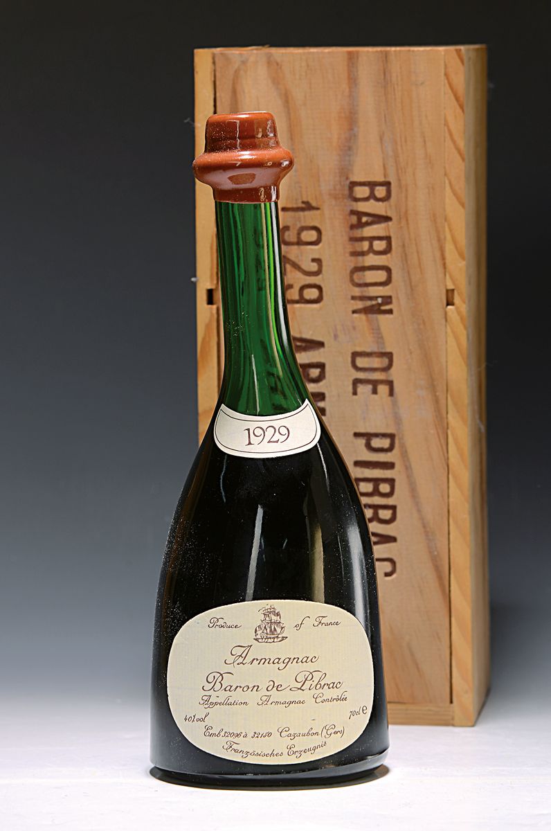 1 Flasche 1929 Baron de Pibrac, Bas-Armagnac , in orig. Holzkiste, ca. 700ml, 40% Vol., Alterssp.