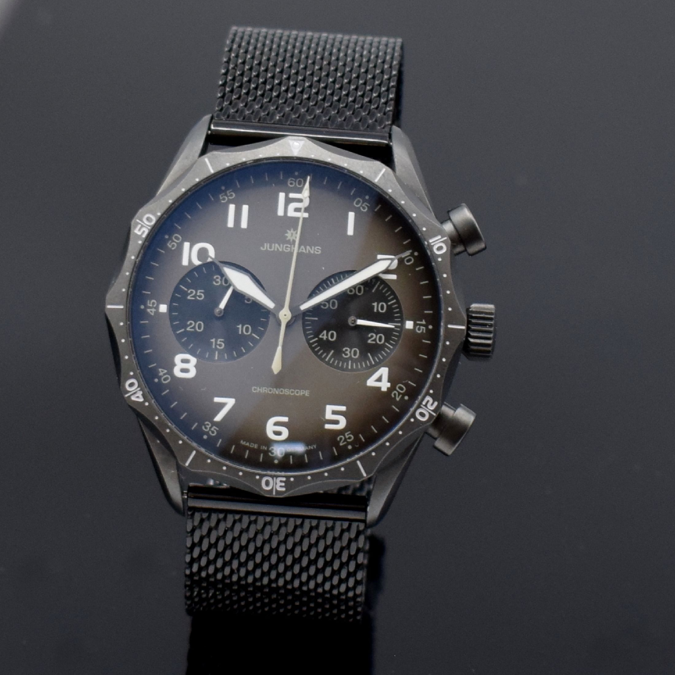Detail b: JUNGHANS Meister Pilot Armbandchronograph Referenz 027/3794.00, Deutschland um 2018, Automatik, geschw. Stahlgeh., Boden 7-fach verschr., beids. ...