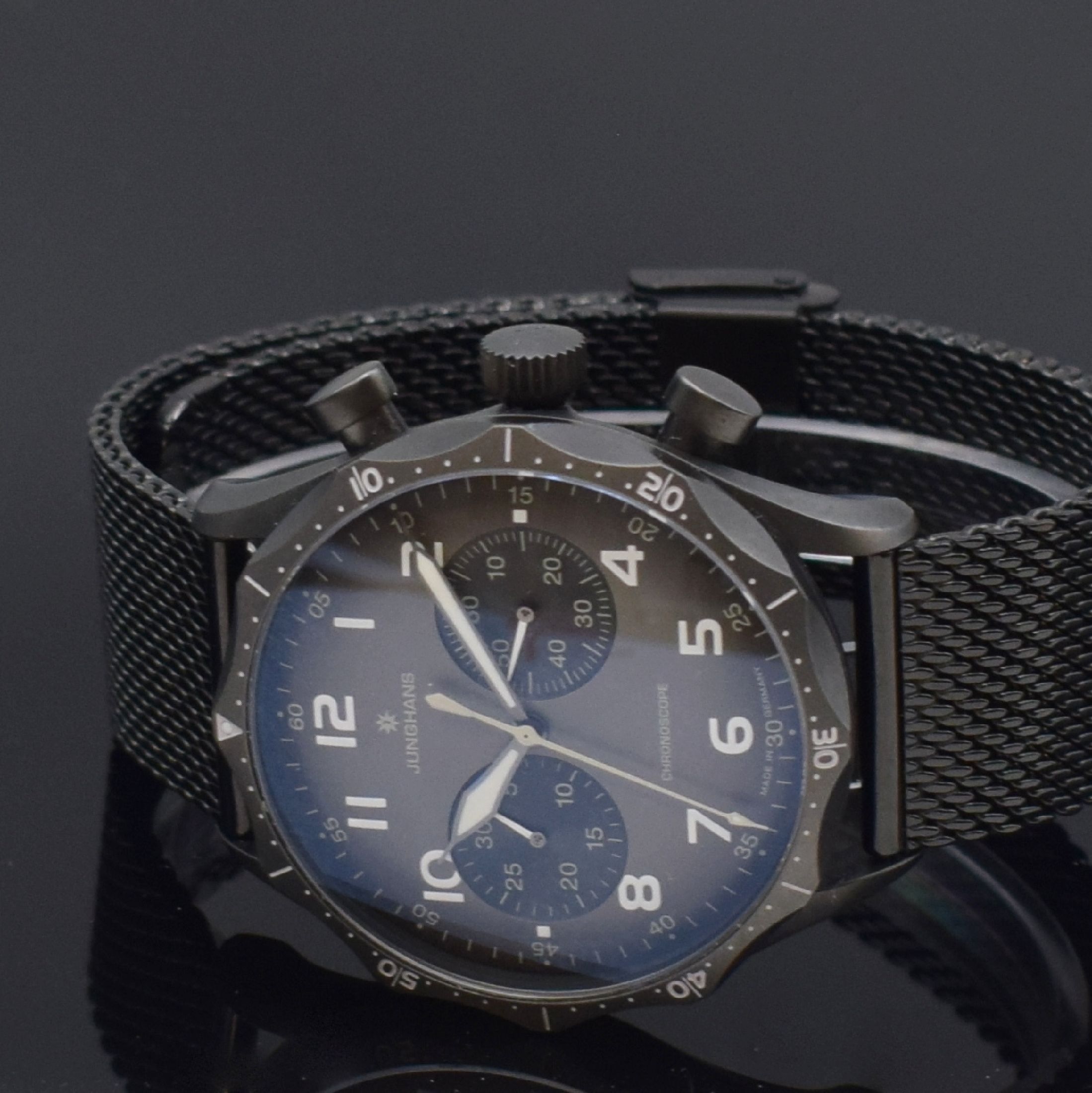 Detail c: JUNGHANS Meister Pilot Armbandchronograph Referenz 027/3794.00, Deutschland um 2018, Automatik, geschw. Stahlgeh., Boden 7-fach verschr., beids. ...