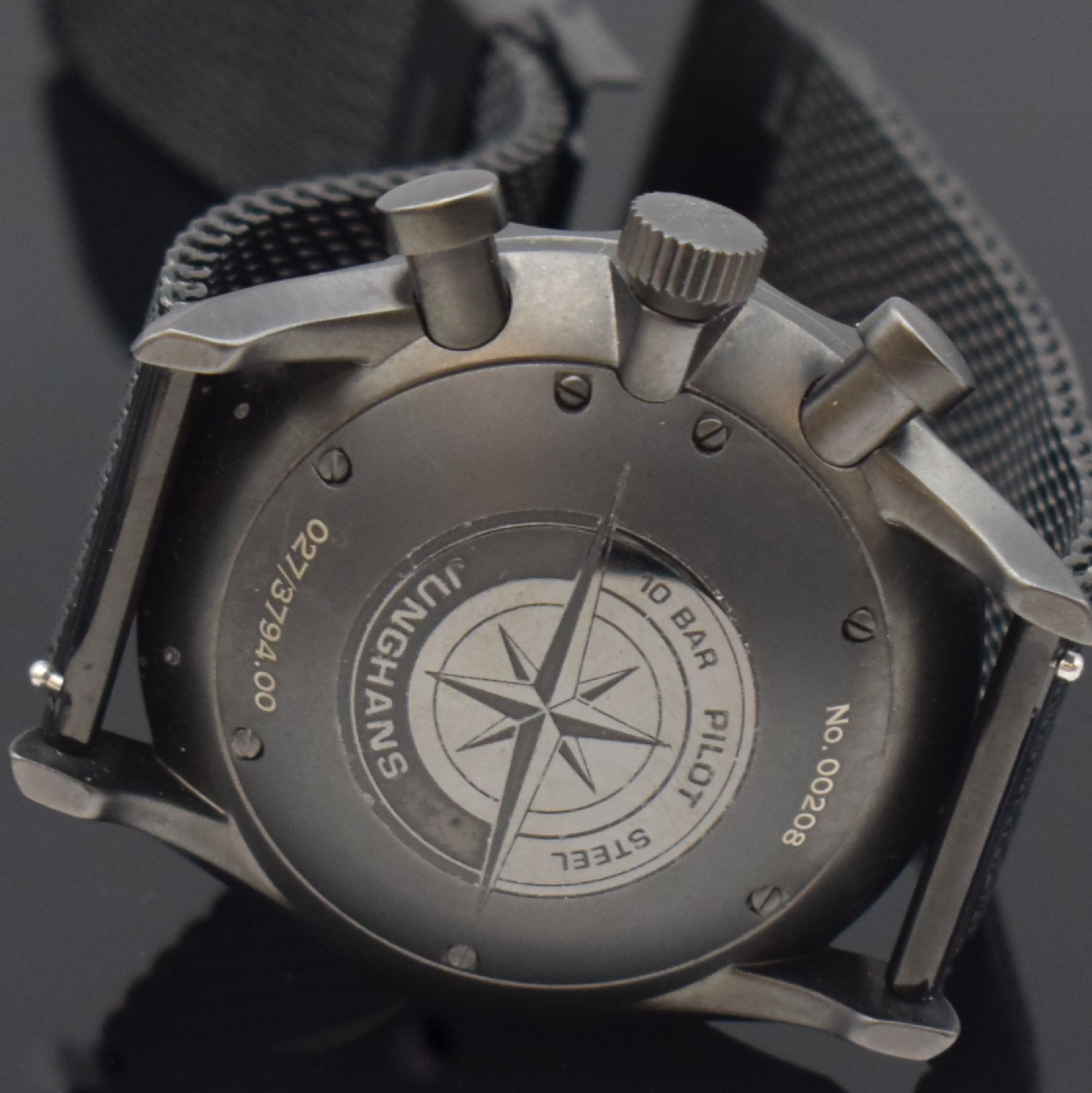 Detail f: JUNGHANS Meister Pilot Armbandchronograph Referenz 027/3794.00, Deutschland um 2018, Automatik, geschw. Stahlgeh., Boden 7-fach verschr., beids. ...