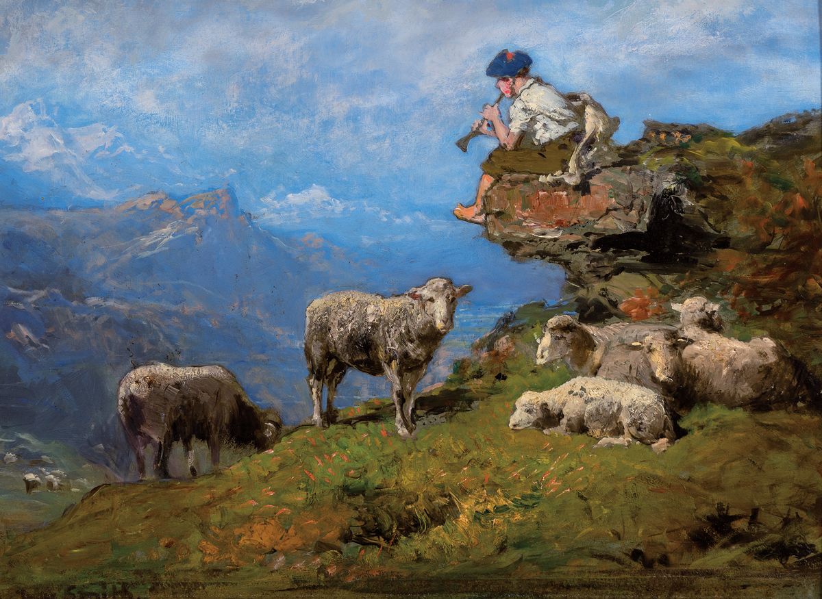 John Smith, britisch, wohl Pseudonym, 1.Hälfte 20.Jh., junger schottischer Almhirt mit typ. Schottenmütze umgeben von Schafherde, hintergründiges ...