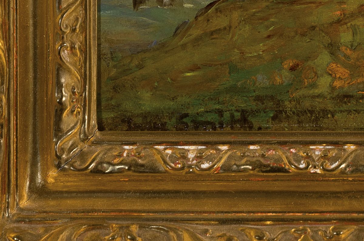 Detail a: John Smith, britisch, wohl Pseudonym, 1.Hälfte 20.Jh., junger schottischer Almhirt mit typ. Schottenmütze umgeben von Schafherde, hintergründiges ...