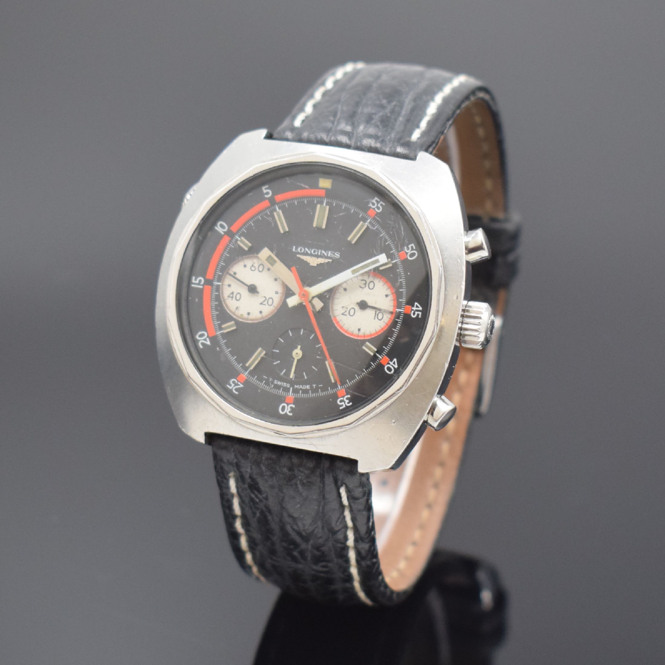 LONGINES Herrenarmbanduhr mit Chronograph in Stahl mit Kaliber Valjoux 72 Referenz 8224- 1, Schweiz um 1967, Handaufzug, massives Gehäuse, geschr. ...