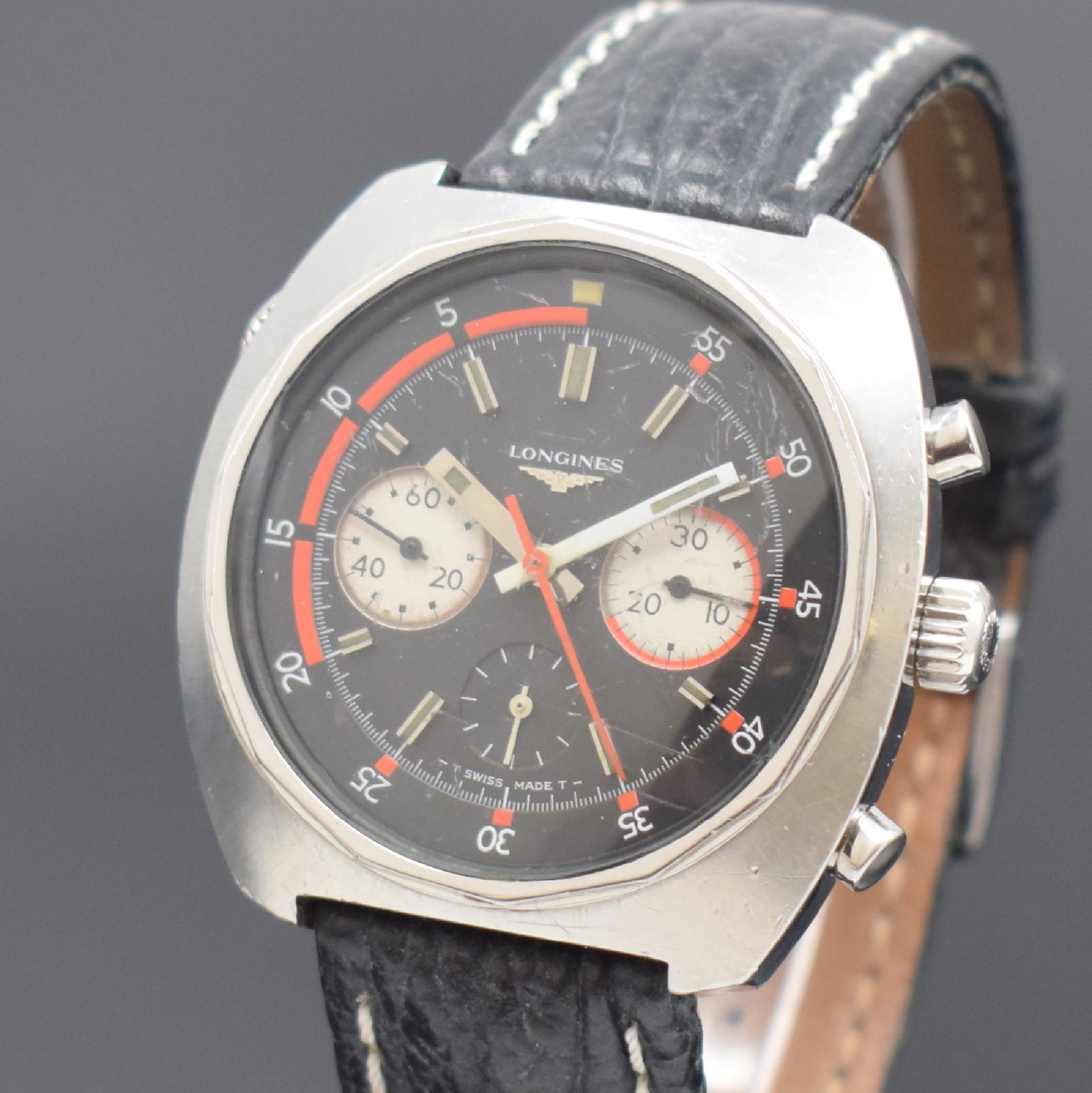 Detail a: LONGINES Herrenarmbanduhr mit Chronograph in Stahl mit Kaliber Valjoux 72 Referenz 8224- 1, Schweiz um 1967, Handaufzug, massives Gehäuse, geschr. ...