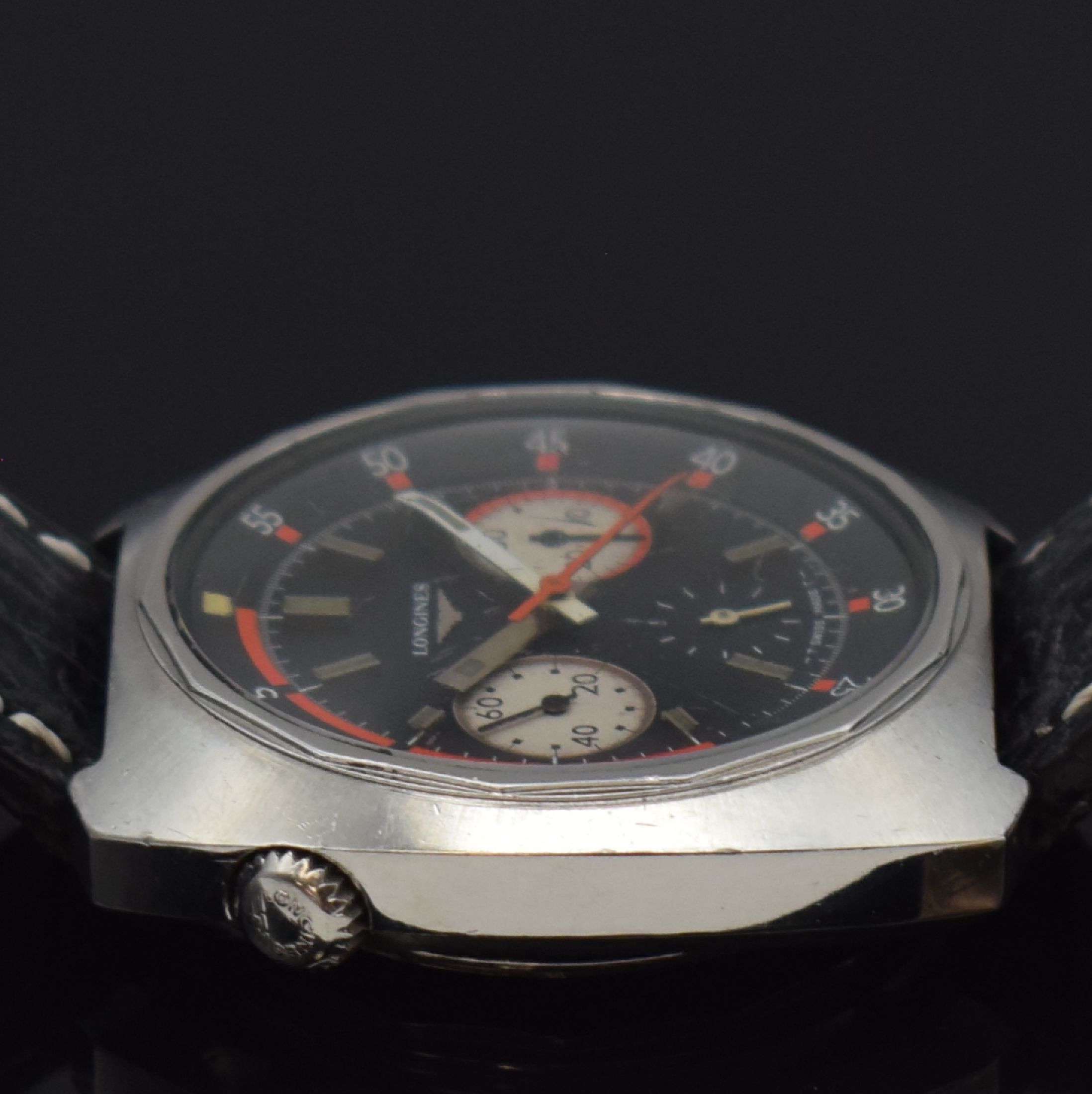 Detail c: LONGINES Herrenarmbanduhr mit Chronograph in Stahl mit Kaliber Valjoux 72 Referenz 8224- 1, Schweiz um 1967, Handaufzug, massives Gehäuse, geschr. ...